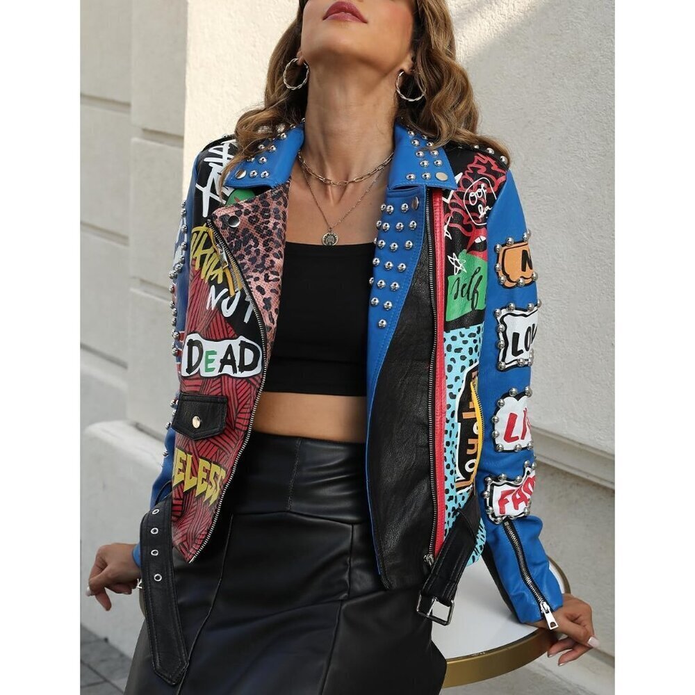 Women Blue Studded Rivet Floral Biker Short Lapel Coat Leather Jacket - Picture 4 of 6